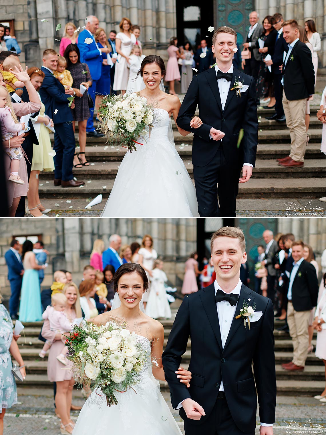 nevěsta a ženich po obřadu před kostelem