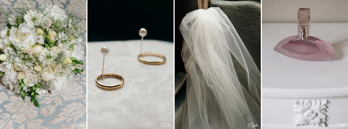 svatební fotografie detaily svatební kytice, snubní prstýnky, závoj a parfém