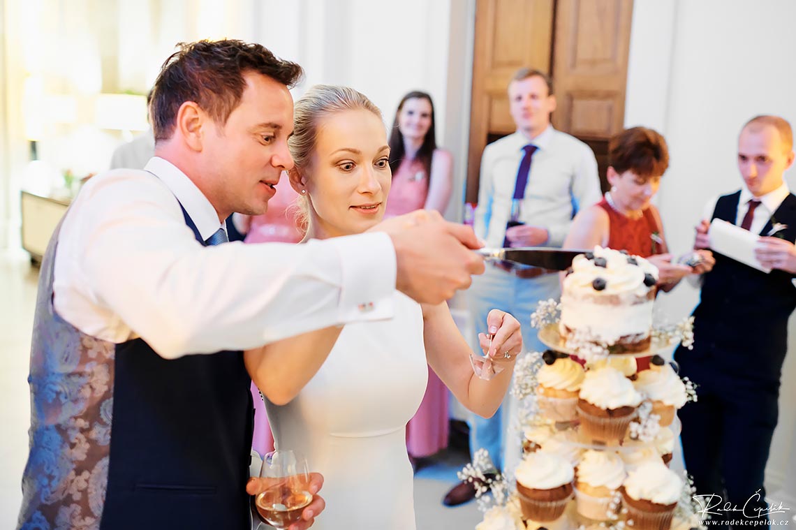 svatební fotografie krájení svatebního dortu