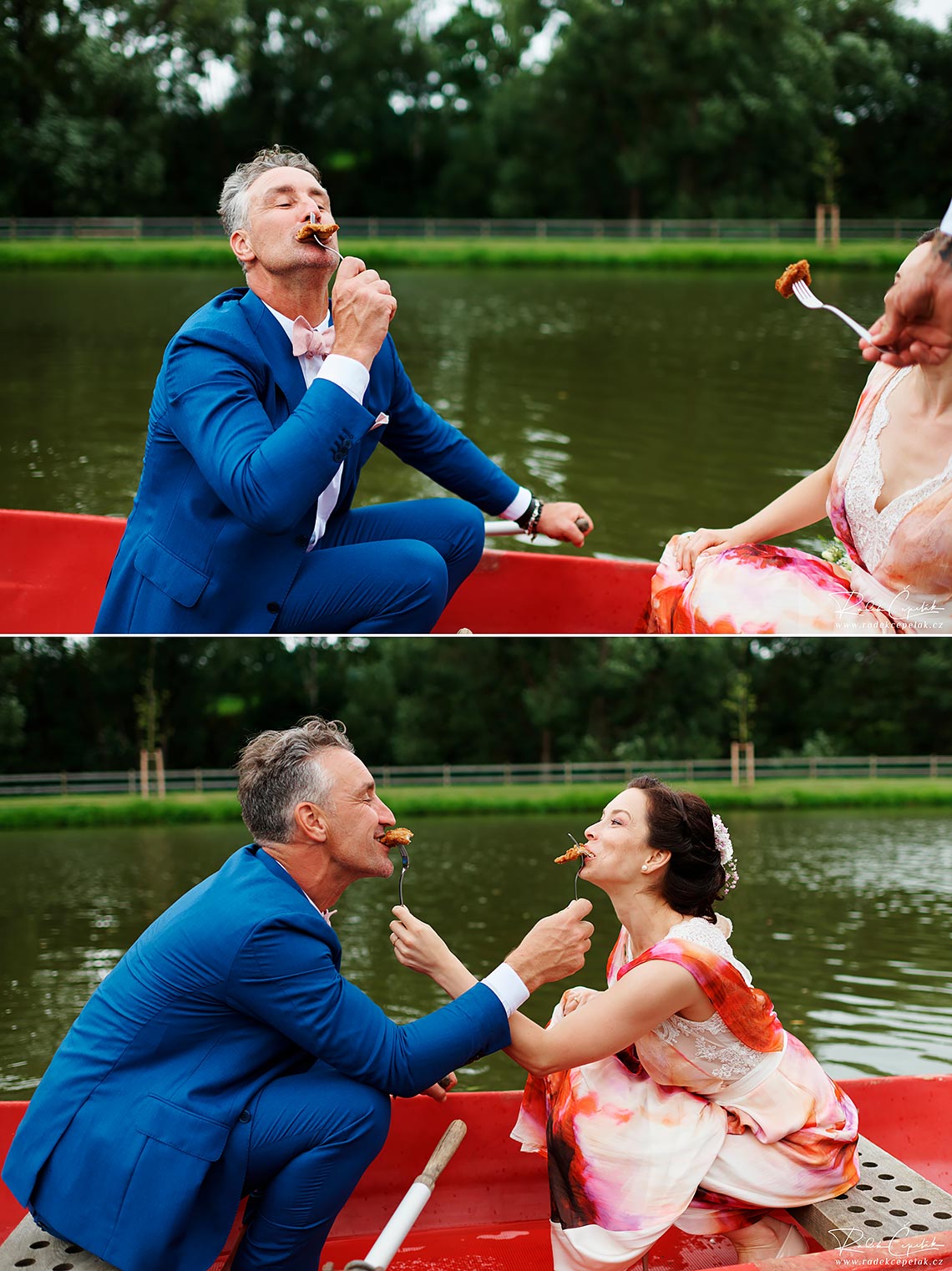 vtipné svatební fotografie novomanželů s řízkem