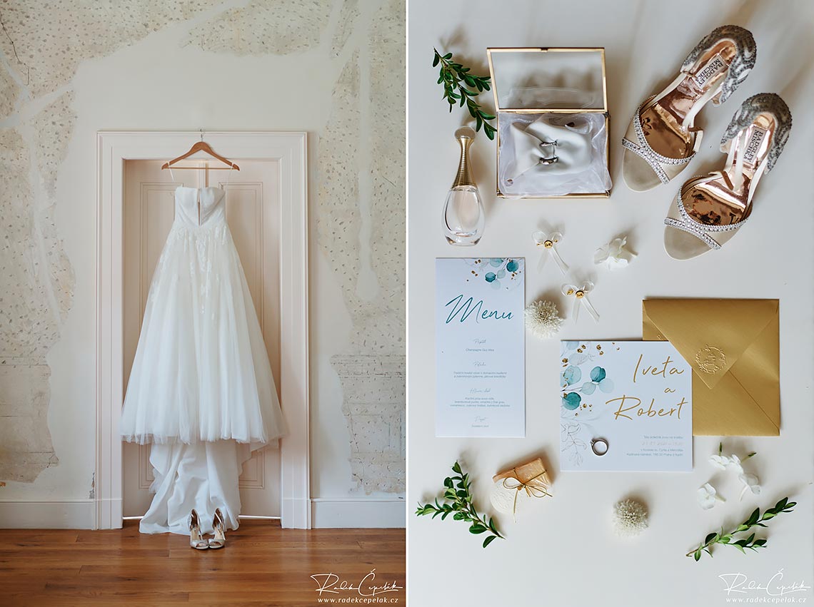detaily nevěsty bílé svatební šaty Pronovias a flatlay s detaily