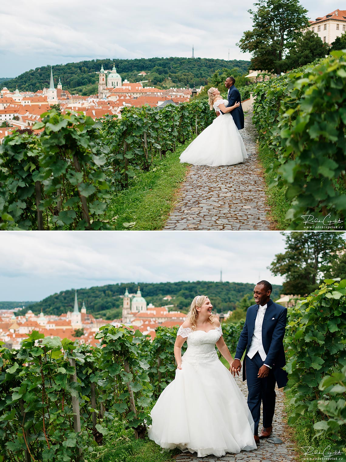 Svatební fotografie nevěsty a ženicha ve vinici u Villa Richter s výhledem na Prahu