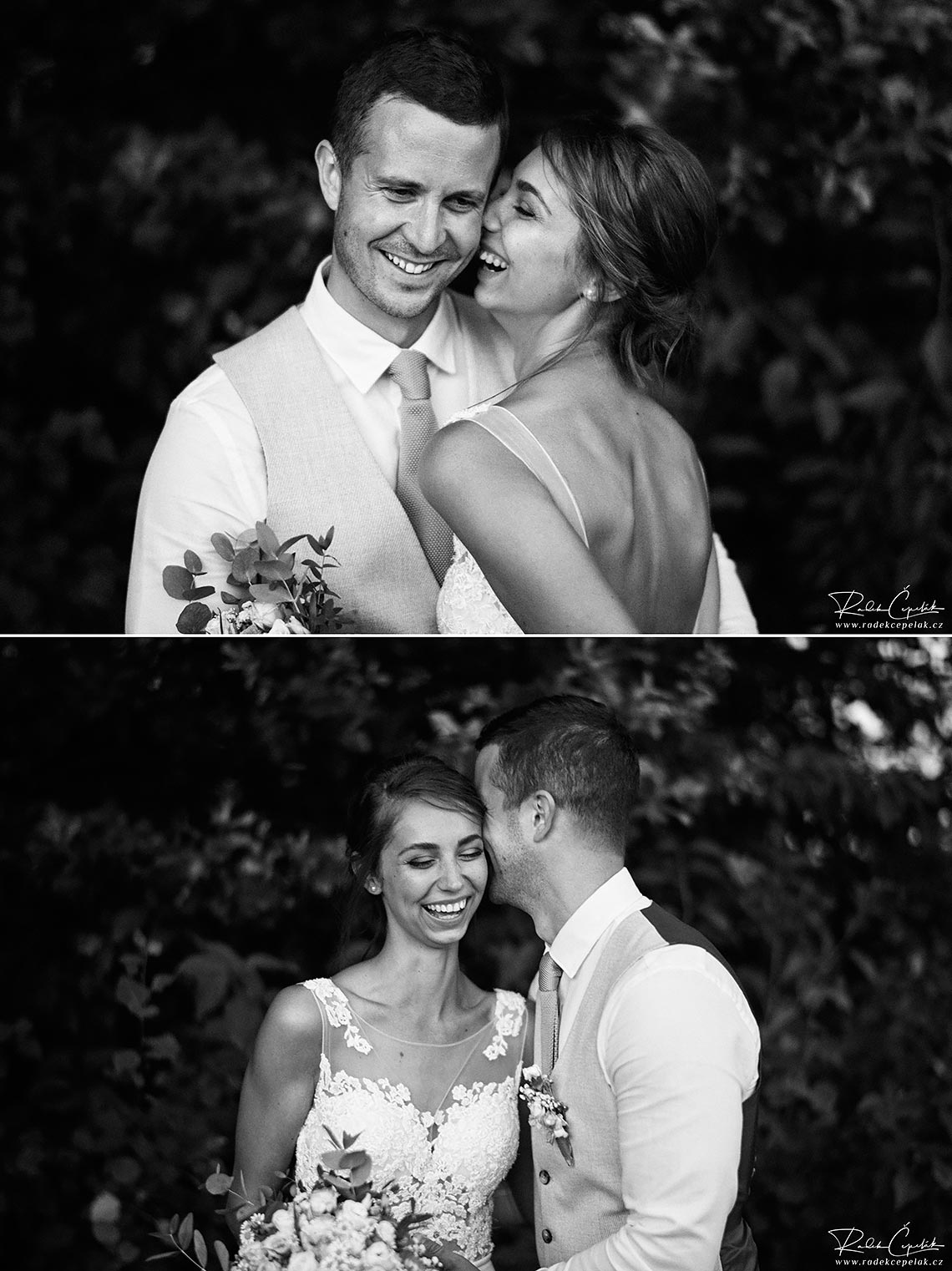 černobílé svatební fotografie novomanželů v přírodě