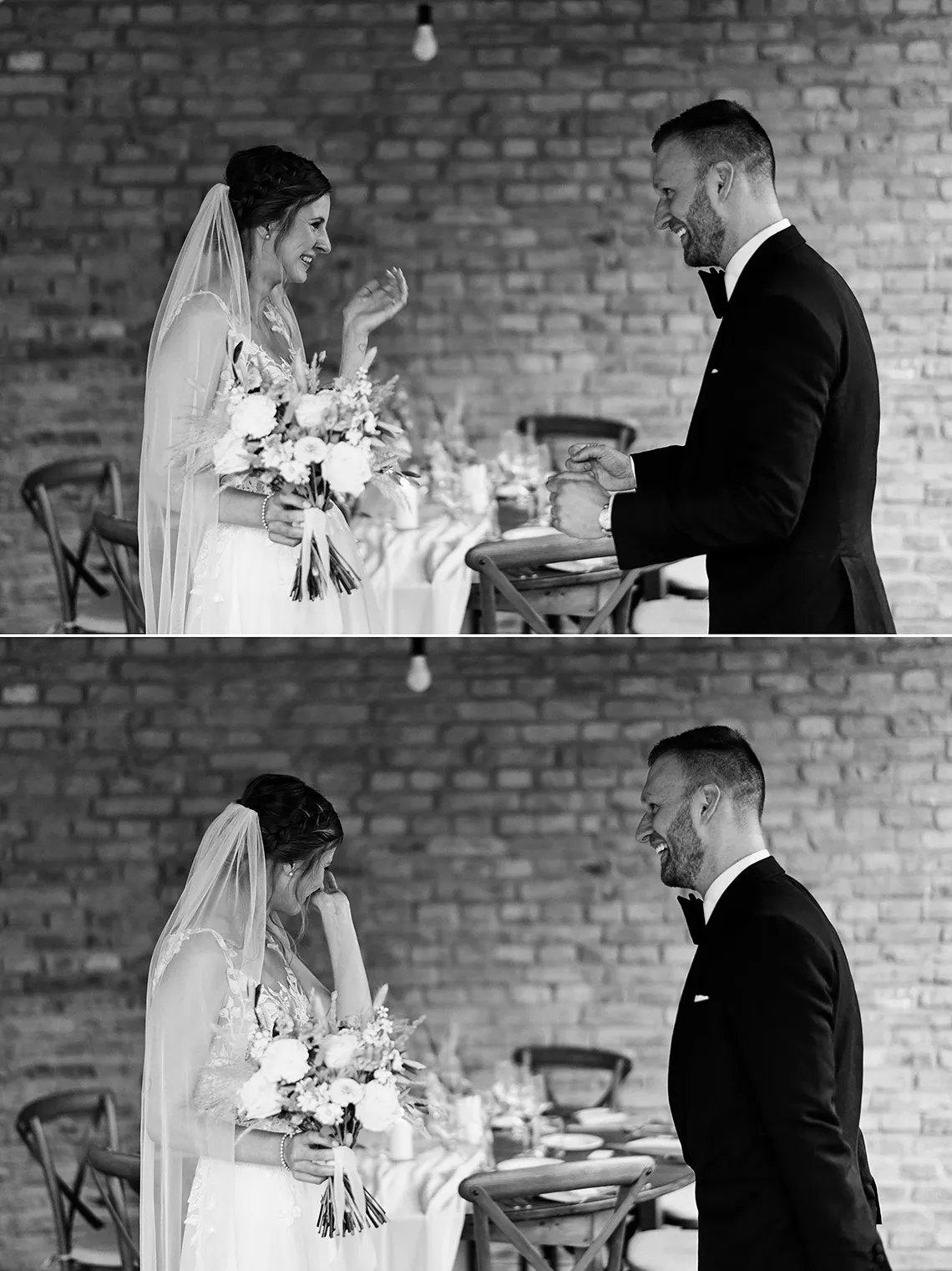 dojatá nevěsta a ženich při prvním setkání před svatebním obřadem