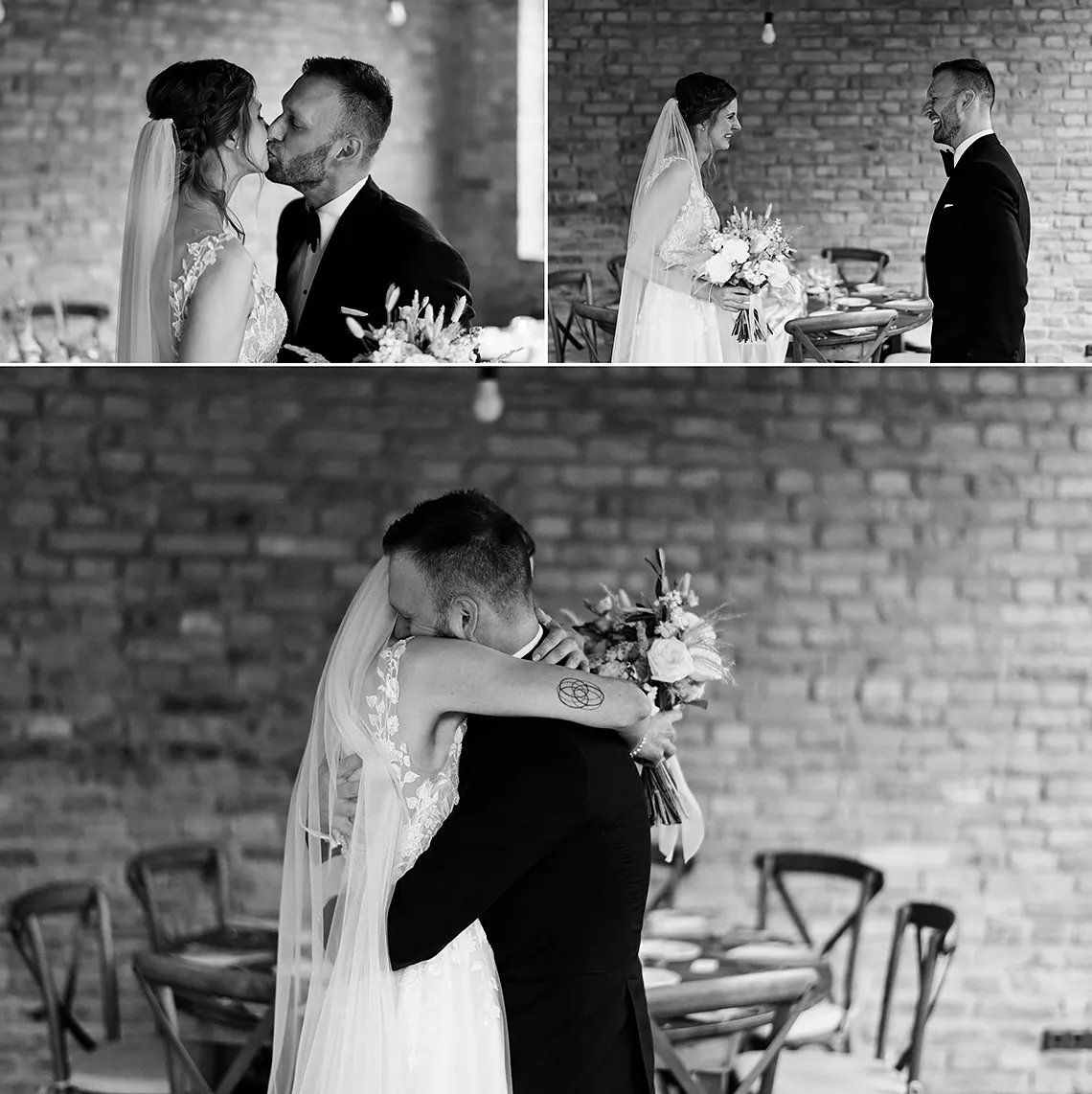 černobílé svatební fotografie nevěsty a ženicha z prvního setkání během svatebního dne