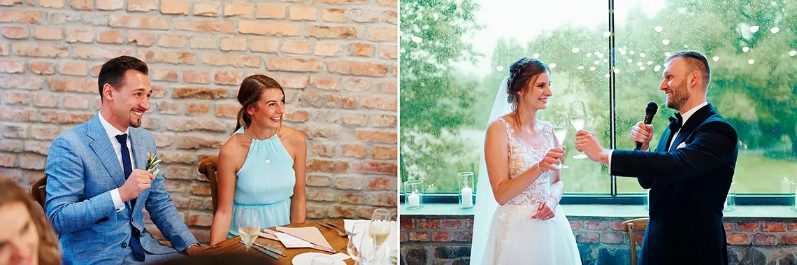 přípitek ženicha a nevěsty před svatební hostinou