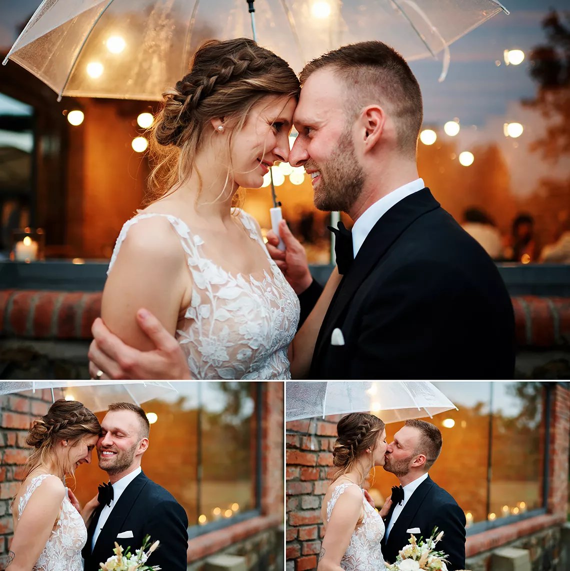 Svatební fotografie nevěsty a ženicha za deště na svatbě v Mlýnu na Dobré vodě