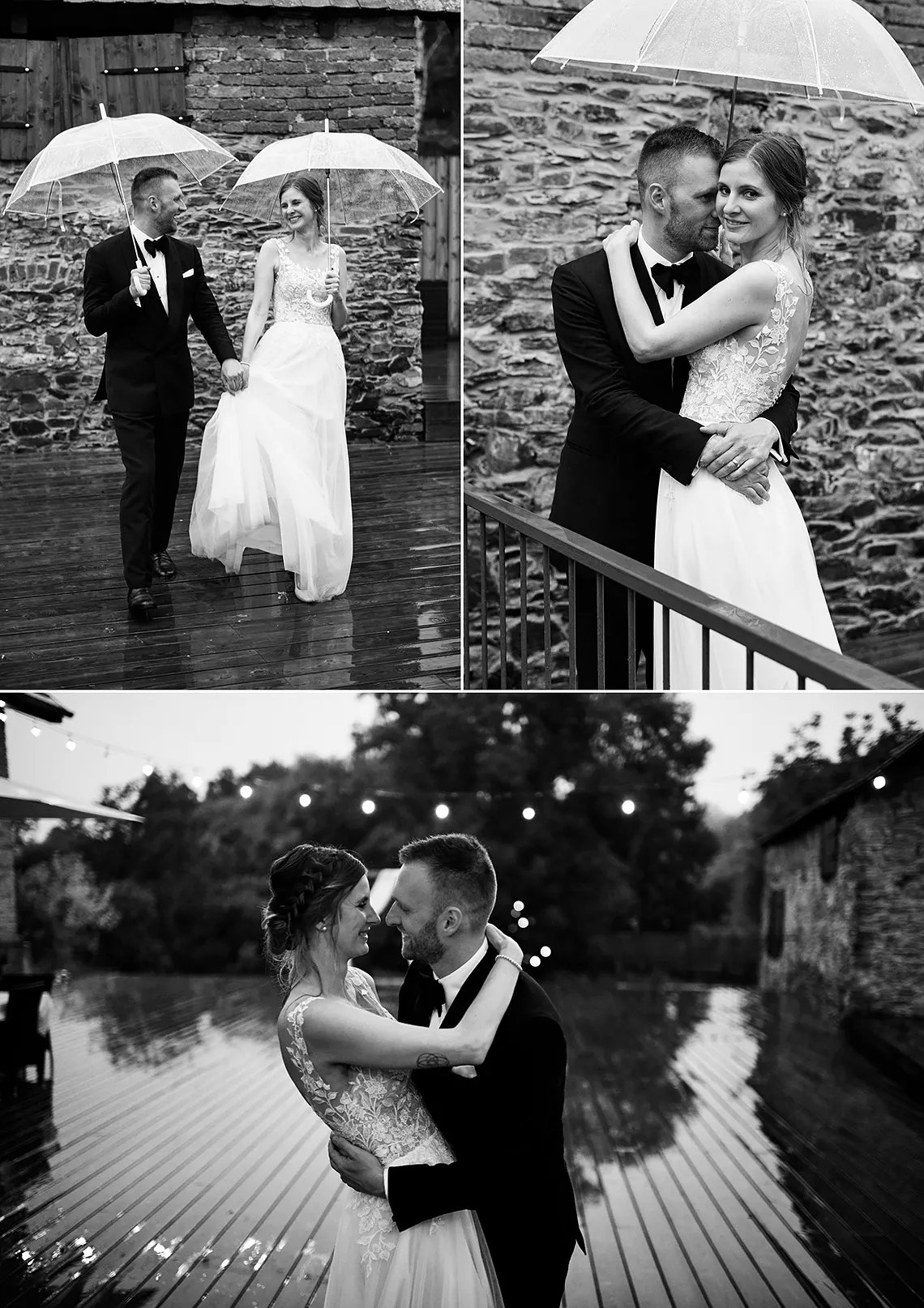 černobílé svatební fotografie nevěsty a ženicha s deštníkem