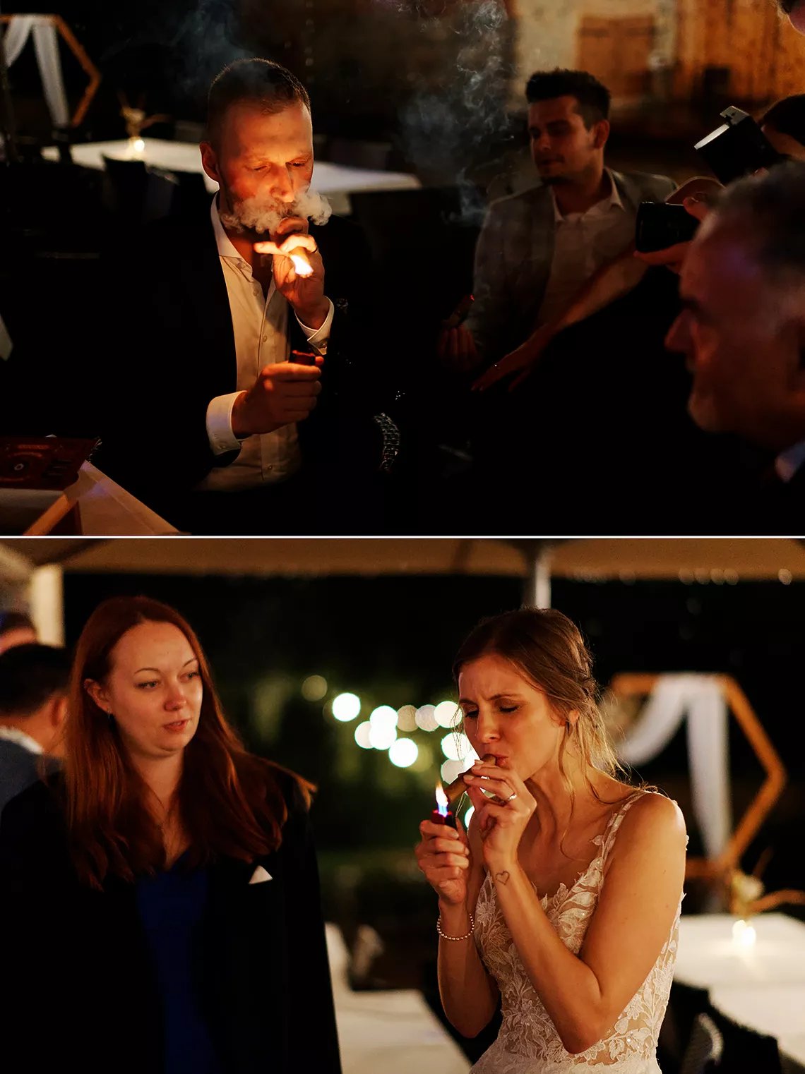 ženich a nevěsta si dávají doutník