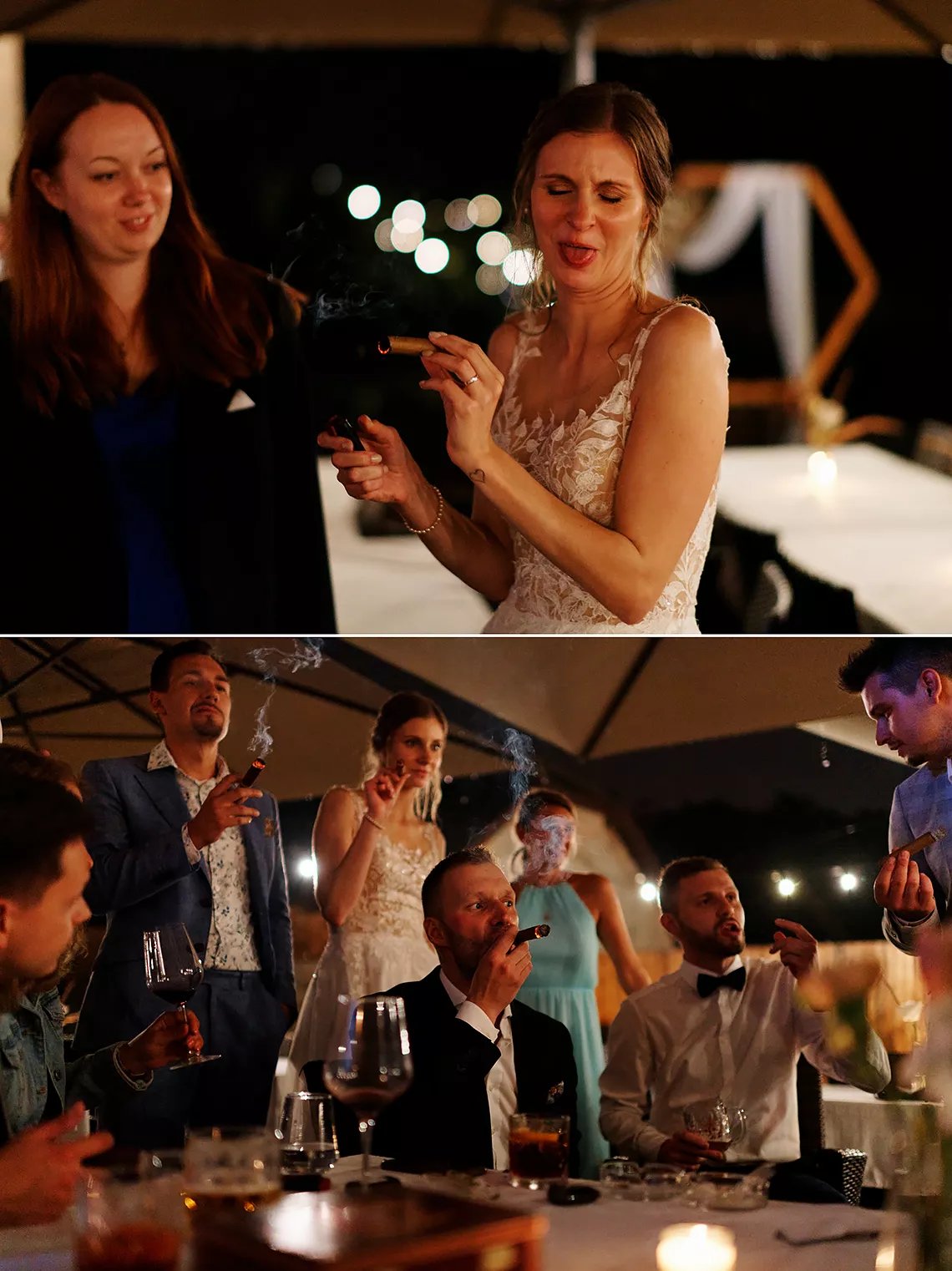 ženich a nevěsta s doutníkem na svatbě