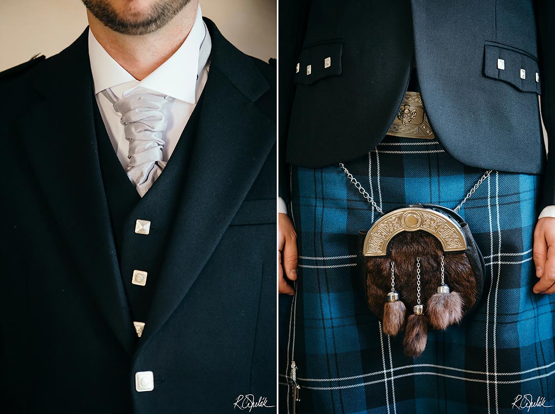 detail svatební fotografie ženicha ve skotském obleku