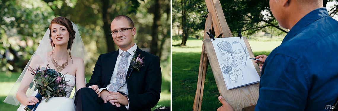karikaturista na svatbě maluje novomanžele