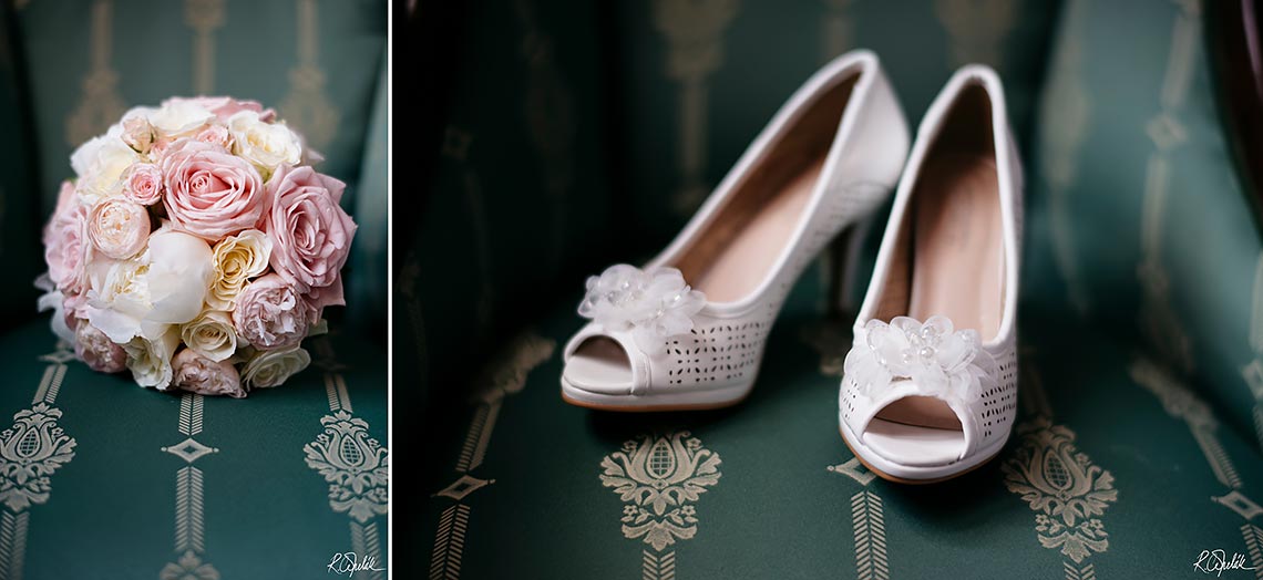 svatební fotografie květina a svatební boty nevěsty
