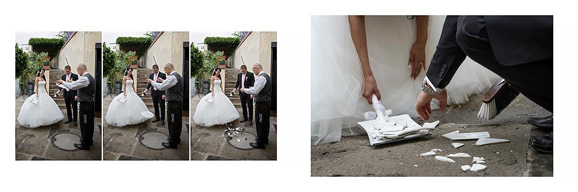 personál vítá svatební pár ve Ville Richter v Praze přípitkem a rozbitím talíře personál vítá svatební pár ve Ville Richter v Praze přípitkem a rozbitím talíře